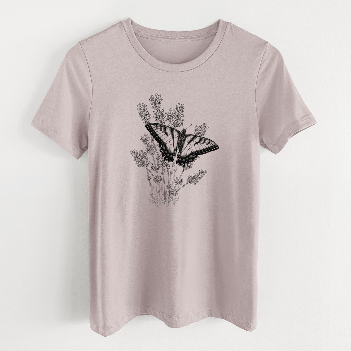 Pink gravel women's relaxed fit cotton t-shirt laid flat, printed with a black ink illustration of a swallowtail butterfly resting on lavender.