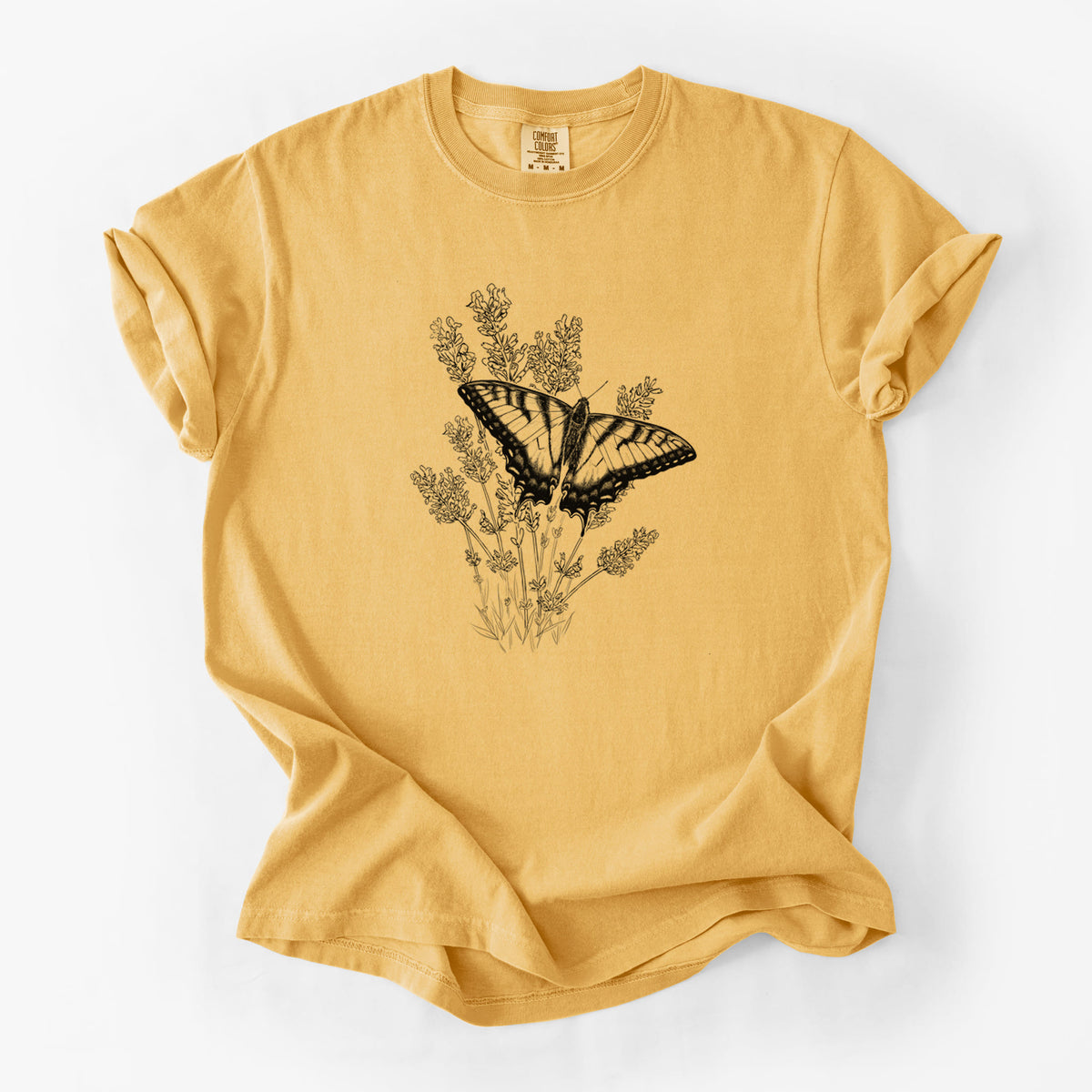 Golden wheat yellow Comfort Colors t-shirt laid flat, printed with a black ink illustration of a swallowtail butterfly resting on lavender.