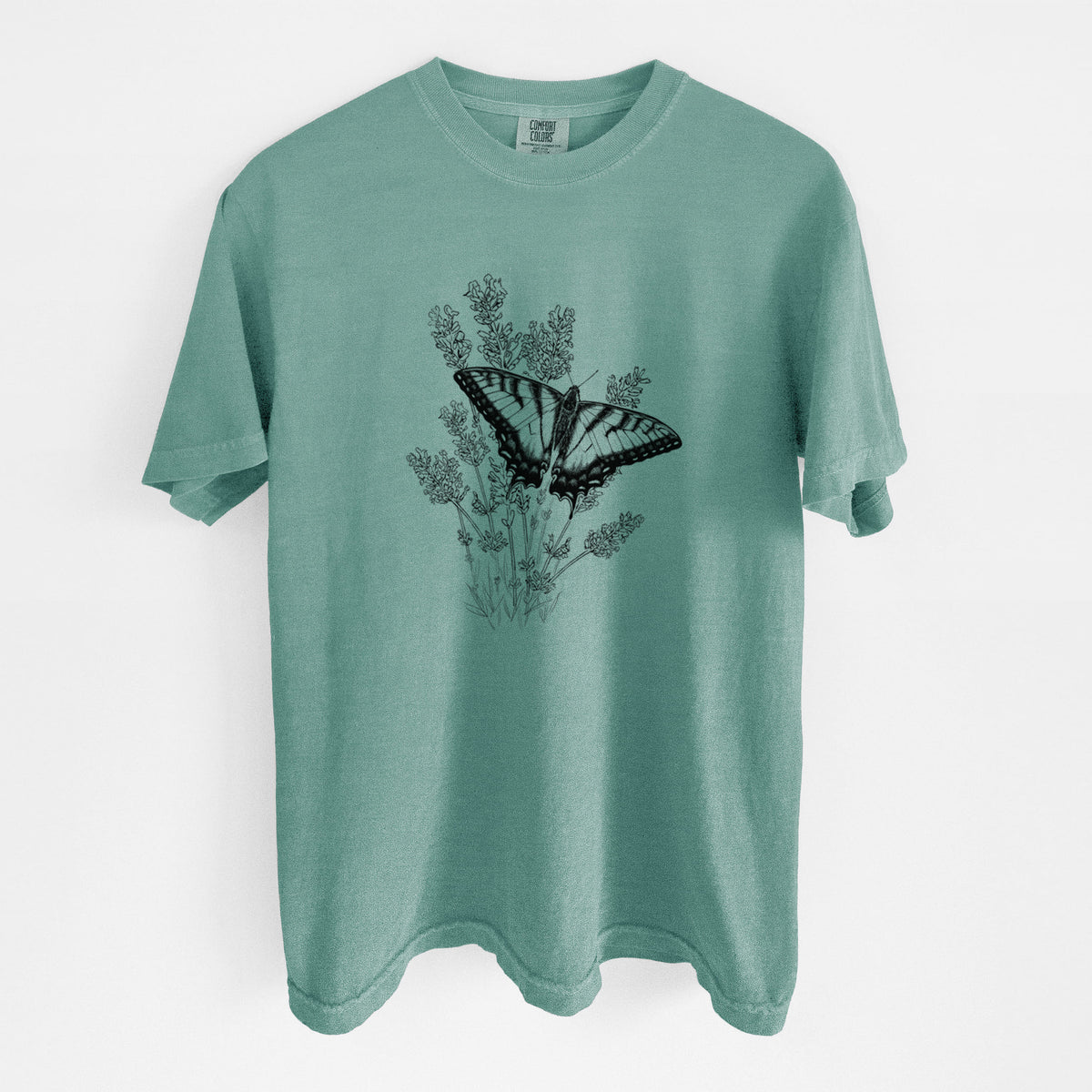 Reef green Comfort Colors t-shirt laid flat, printed with a black ink illustration of a swallowtail butterfly resting on lavender.