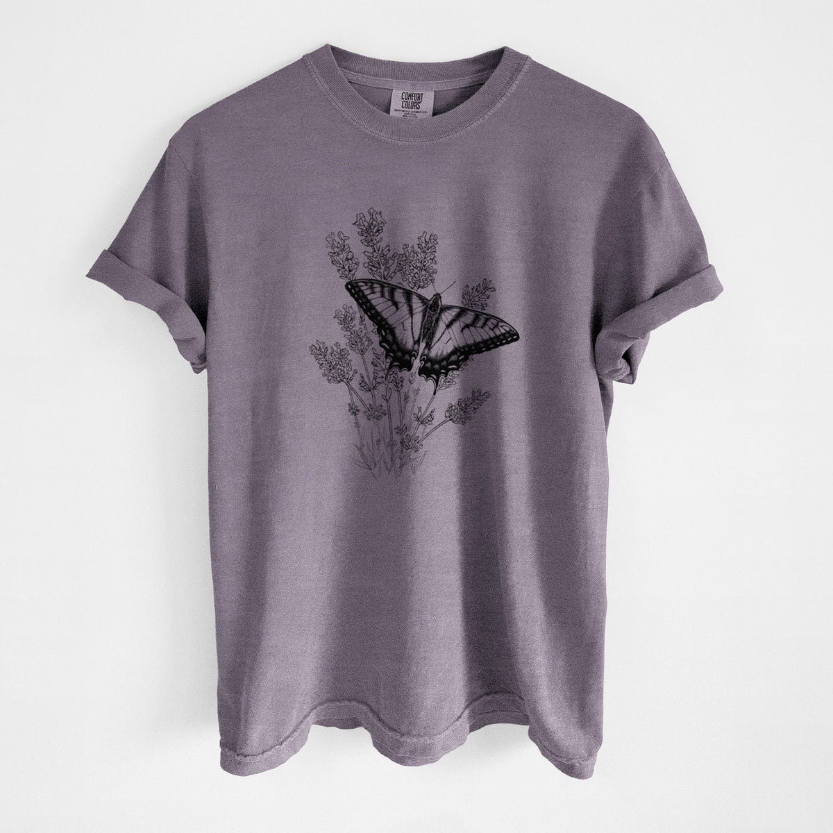 Wine red Comfort Colors t-shirt laid flat, printed with a black ink illustration of a swallowtail butterfly resting on lavender.