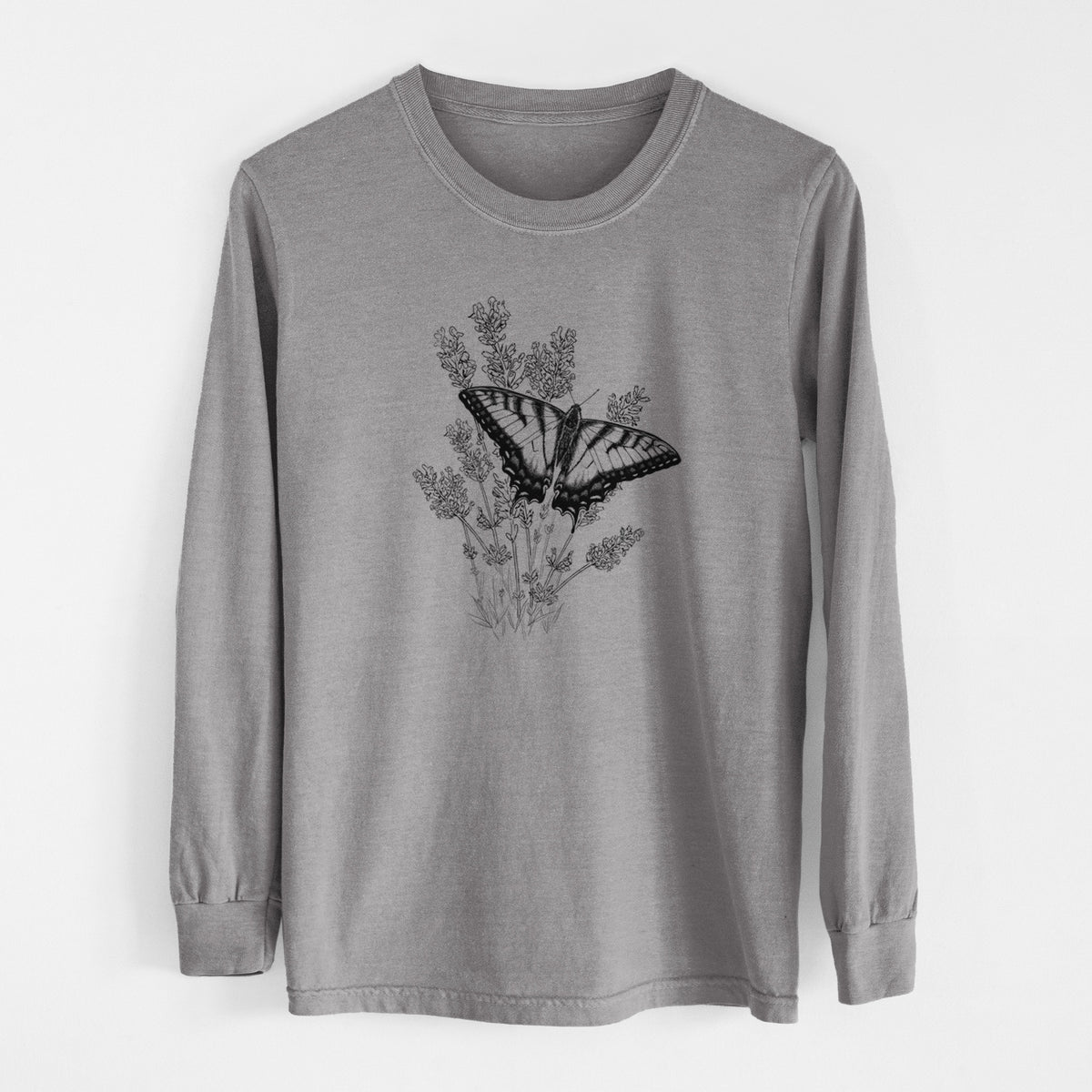 Grey Comfort Colors long sleeve shirt laid flat, printed with a black ink illustration of a swallowtail butterfly resting on lavender.