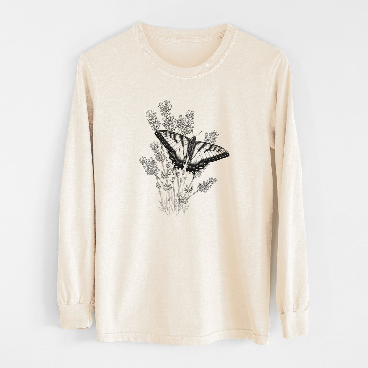 Ivory Comfort Colors long sleeve shirt laid flat, printed with a black ink illustration of a swallowtail butterfly resting on lavender.