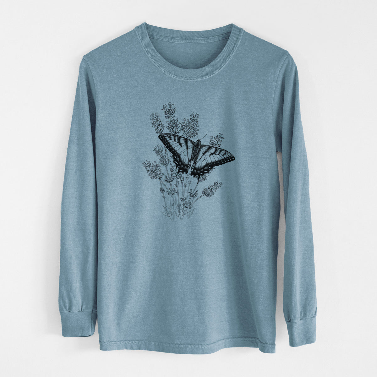 Steel blue Comfort Colors long sleeve shirt laid flat, printed with a black ink illustration of a swallowtail butterfly resting on lavender.