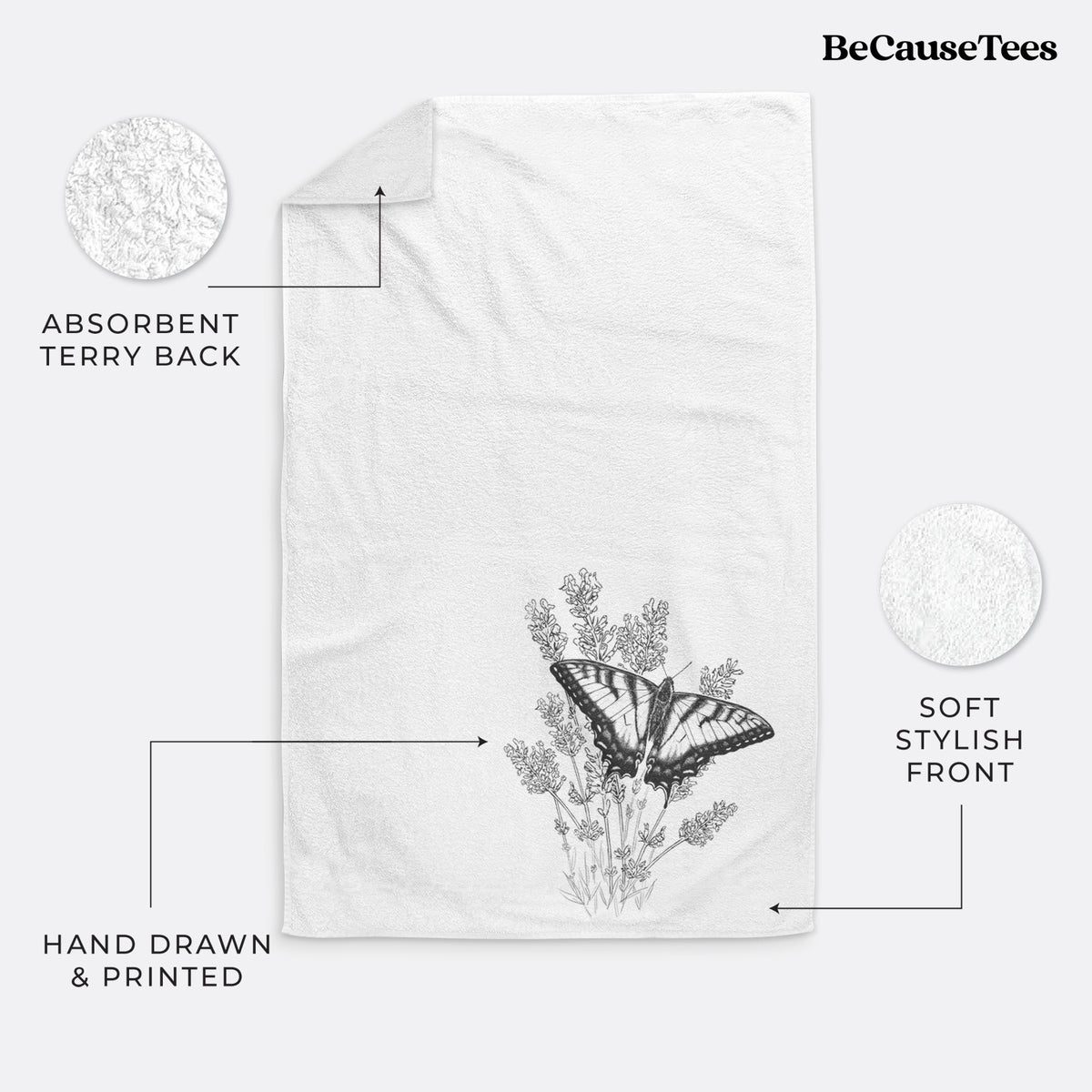 White hand towel printed with a black ink illustration of a swallowtail butterfly resting on lavender.