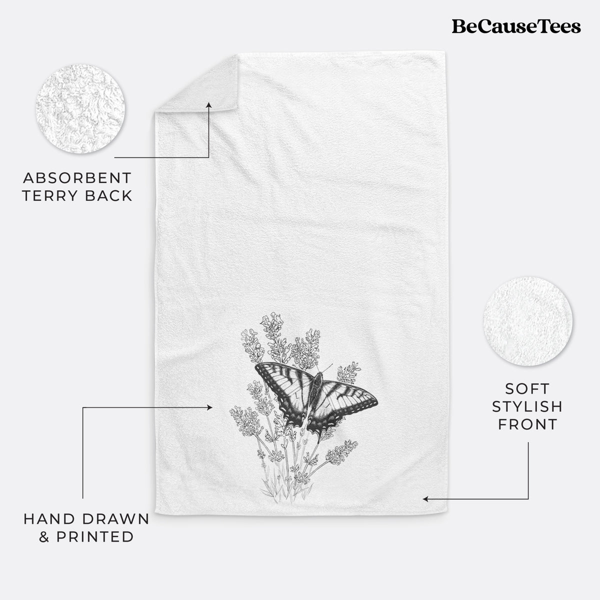 White hand towel printed with a black ink illustration of a swallowtail butterfly resting on lavender.