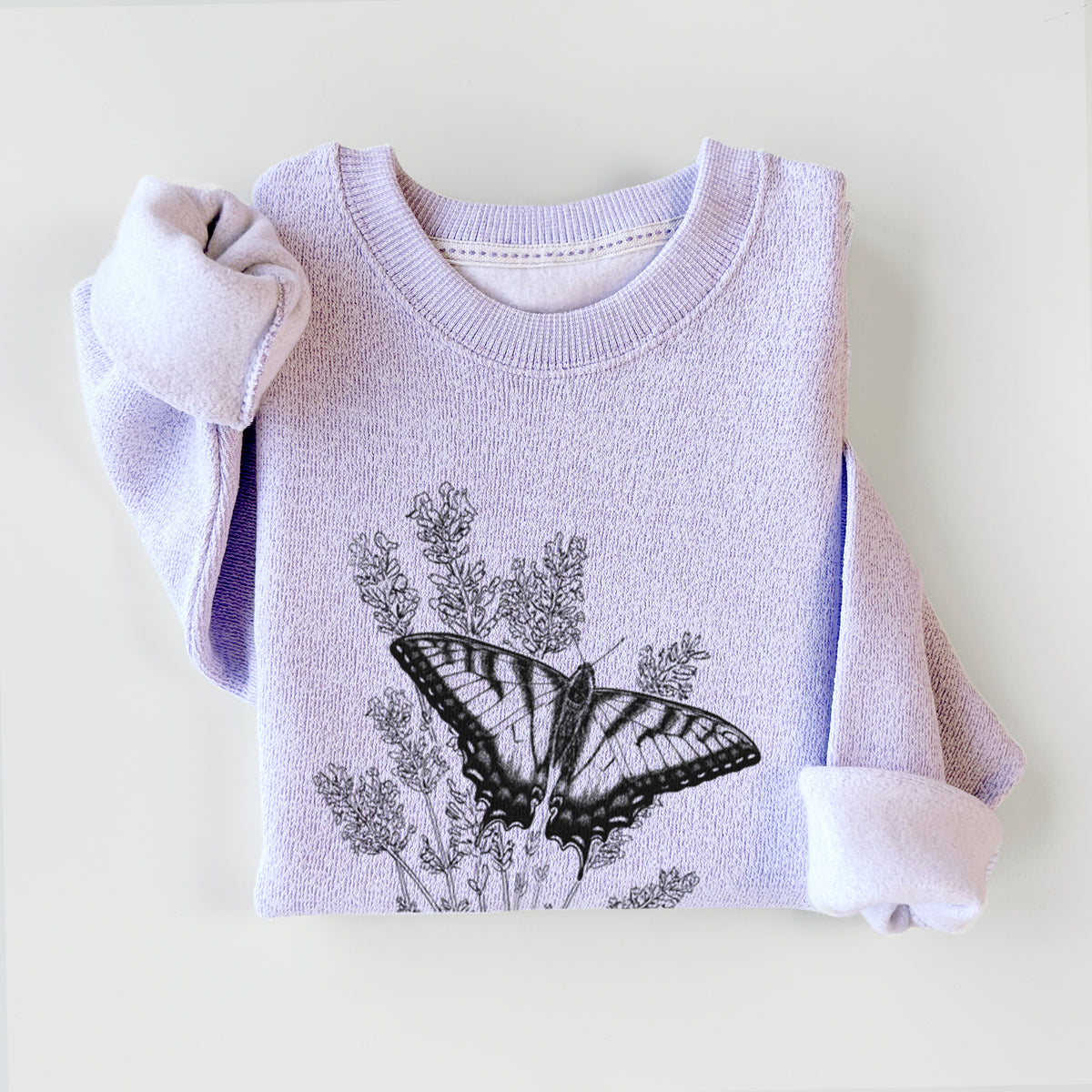 Ice purple knit sweatshirt printed with a black ink illustration of a swallowtail butterfly resting on lavender, styled flat.