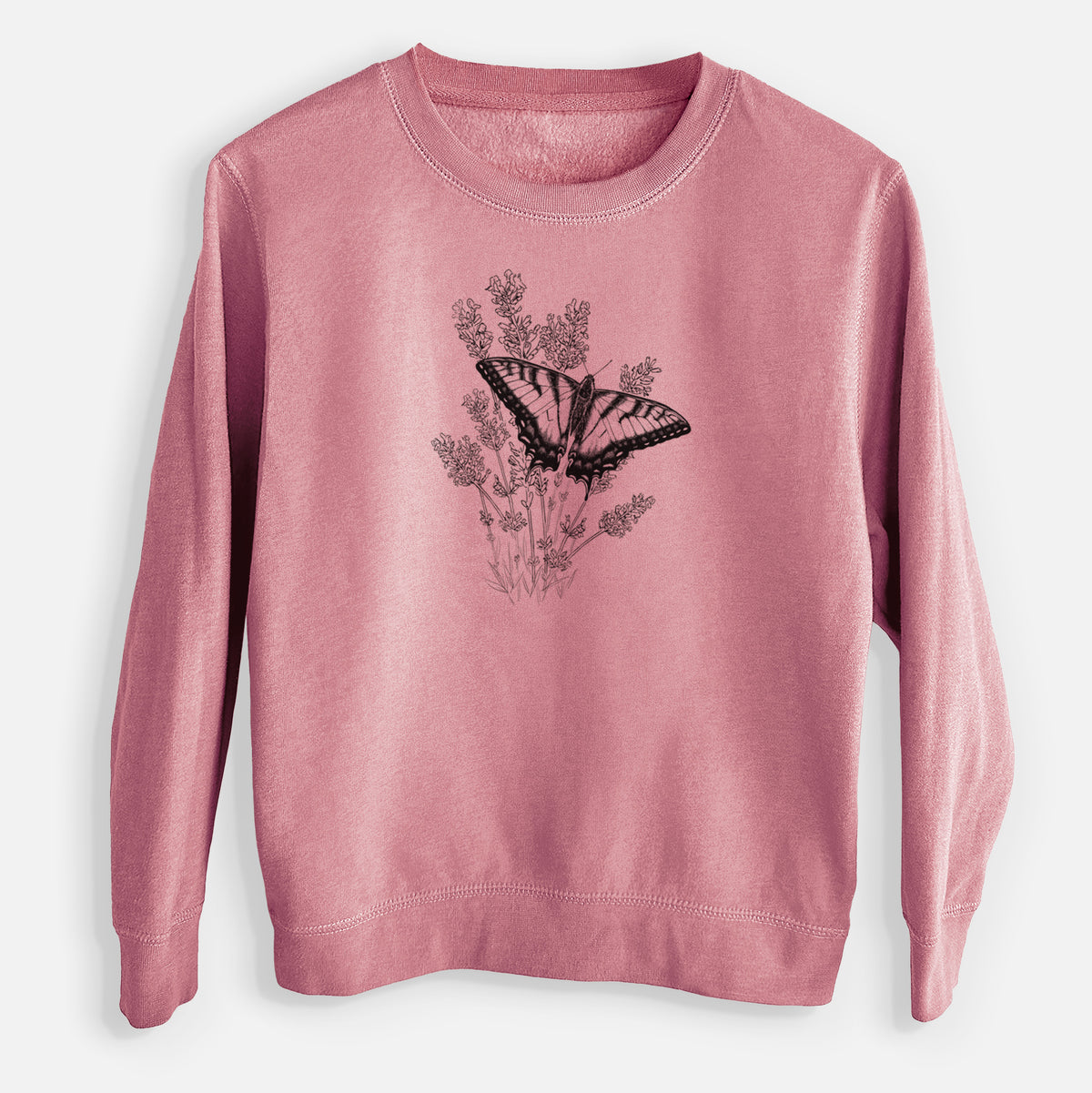 Mauve pink youth crewneck sweatshirt laid flat, printed with a black ink illustration of a swallowtail butterfly resting on lavender.
