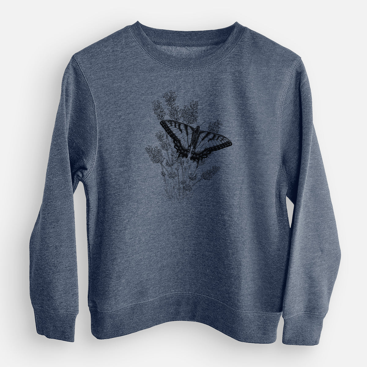 Storm blue youth crewneck sweatshirt laid flat, printed with a black ink illustration of a swallowtail butterfly resting on lavender.
