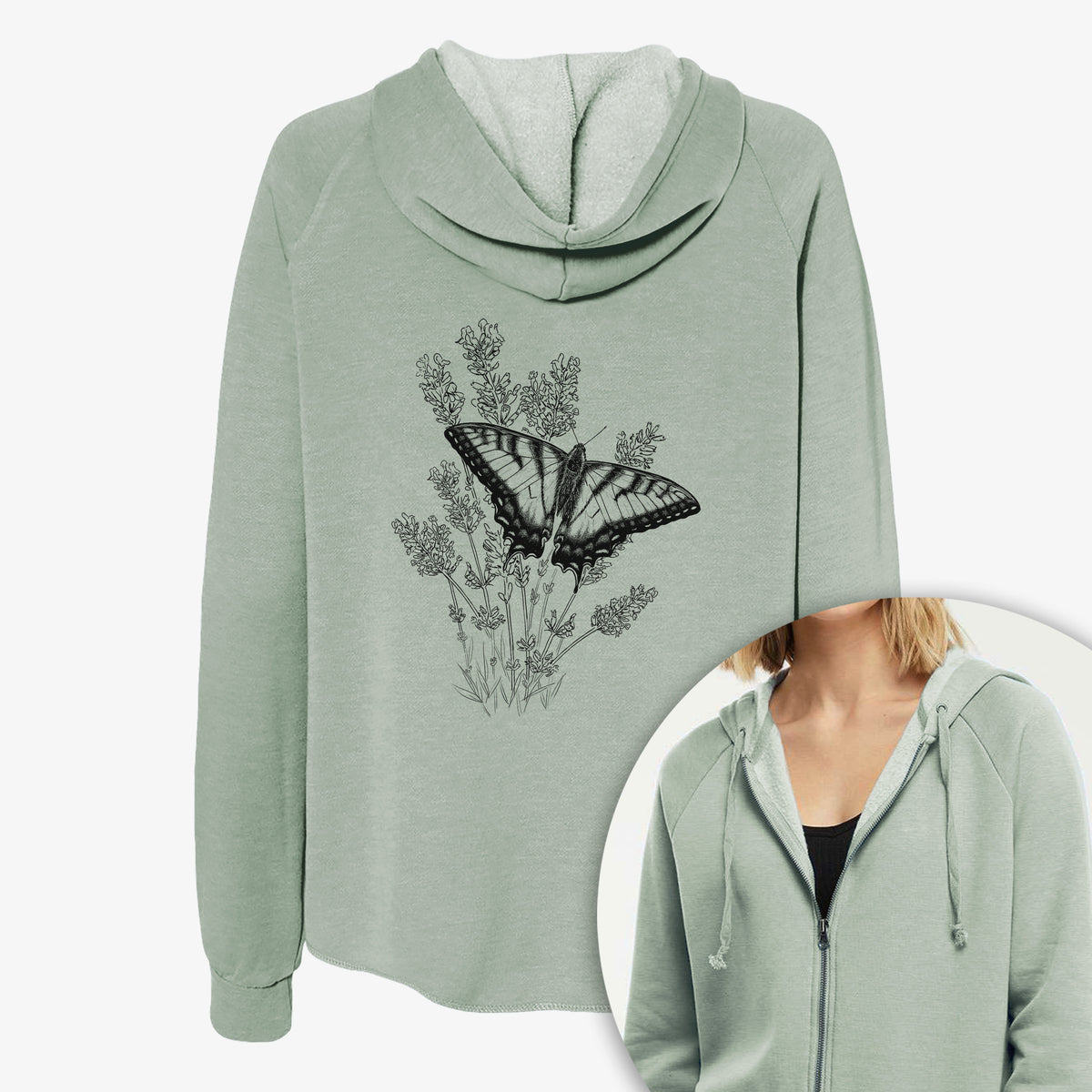 Women's Cali Wave zip-up sweatshirt printed with a black ink illustration of a swallowtail butterfly resting on lavender, with a close-up of the zipper.
