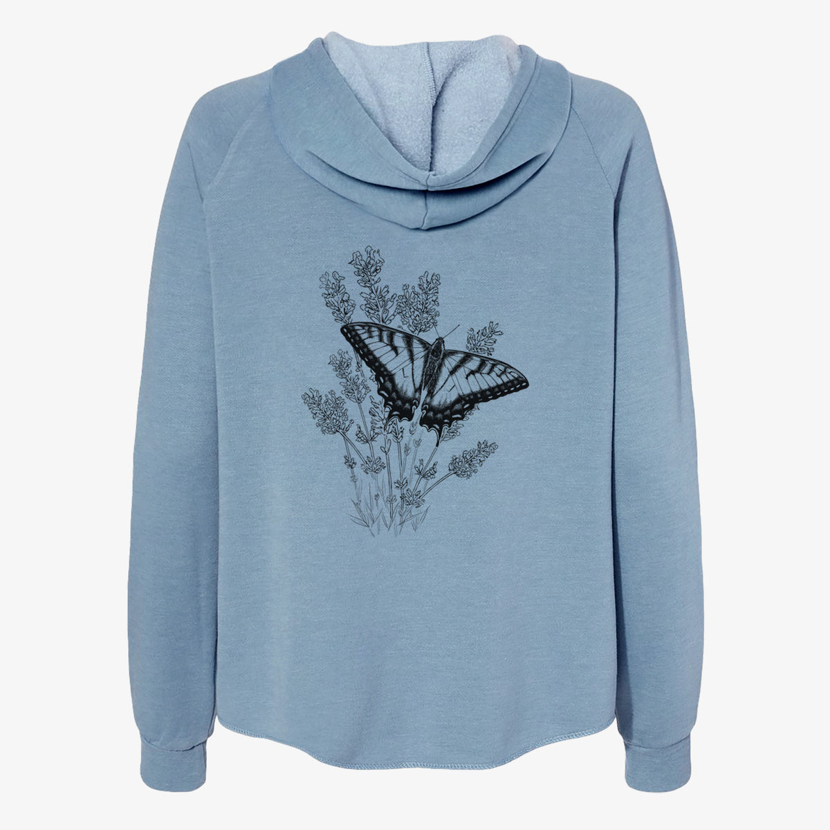Misty blue women's Cali Wave zip-up sweatshirt laid flat, printed with a black ink illustration of a swallowtail butterfly resting on lavender.
