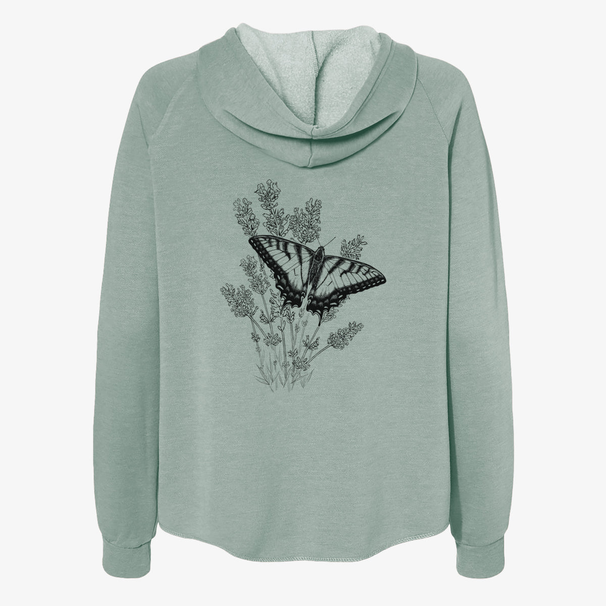 Sage green women's Cali Wave zip-up sweatshirt laid flat, printed with a black ink illustration of a swallowtail butterfly resting on lavender.