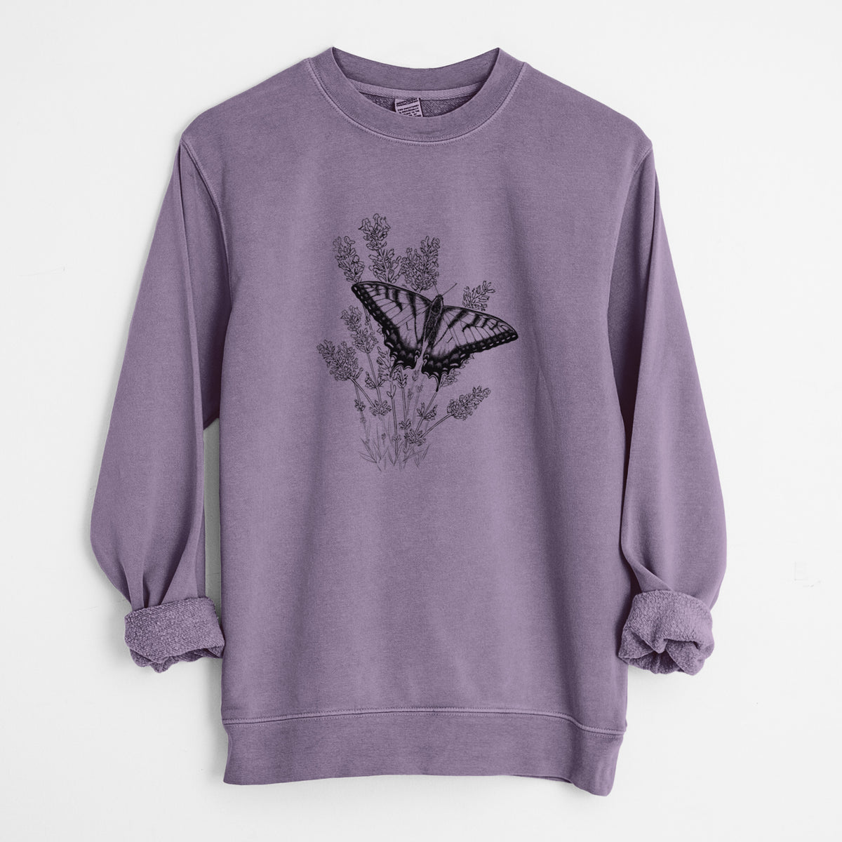 Plum purple pigment dyed crewneck sweatshirt laid flat with the sleeves rolled, printed with a black ink illustration of a swallowtail butterfly resting on lavender.