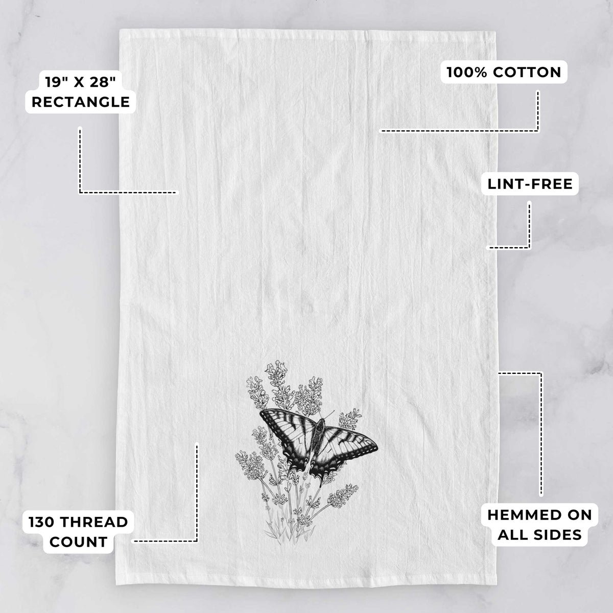 White tea towel printed with a black ink illustration of a swallowtail butterfly resting on lavender, with feature labels: 19 by 28 inch rectangle, 100% cotton, lint-free, 130 thread count, hemmed on all sides.