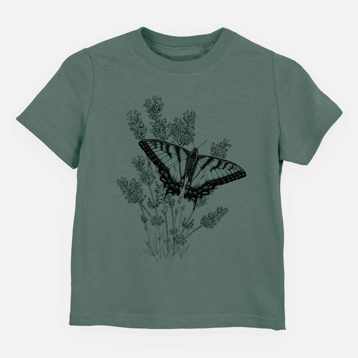 Basil green toddler t-shirt laid flat, printed with a black ink illustration of a swallowtail butterfly resting on lavender.