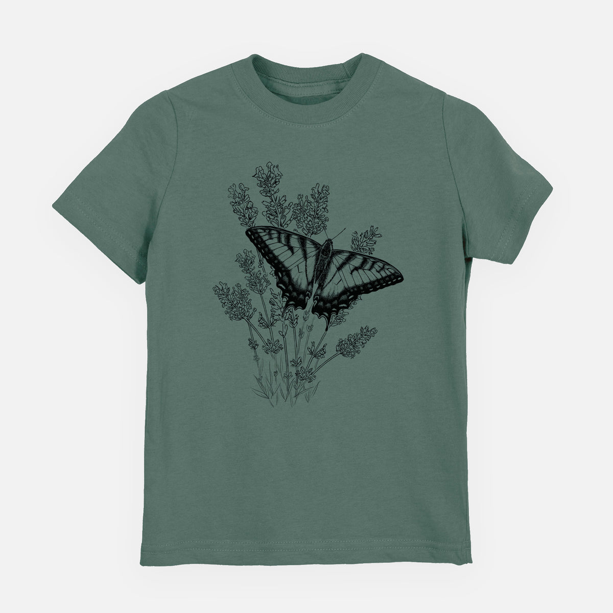 Basil green youth t-shirt laid flat, printed with a black ink illustration of a swallowtail butterfly resting on lavender.