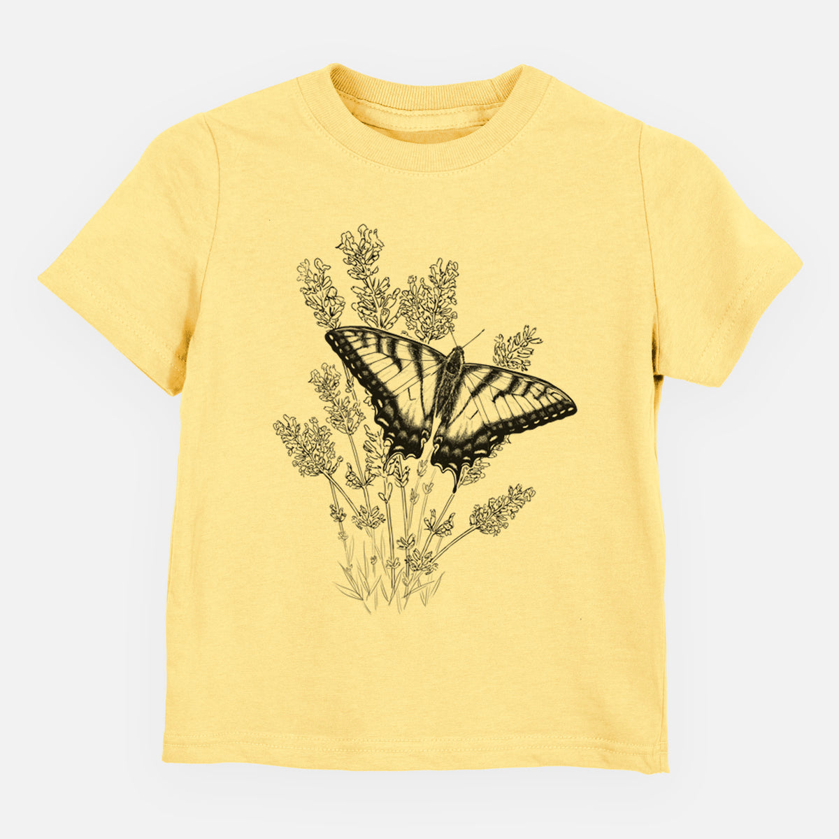 Butter yellow toddler t-shirt laid flat, printed with a black ink illustration of a swallowtail butterfly resting on lavender.