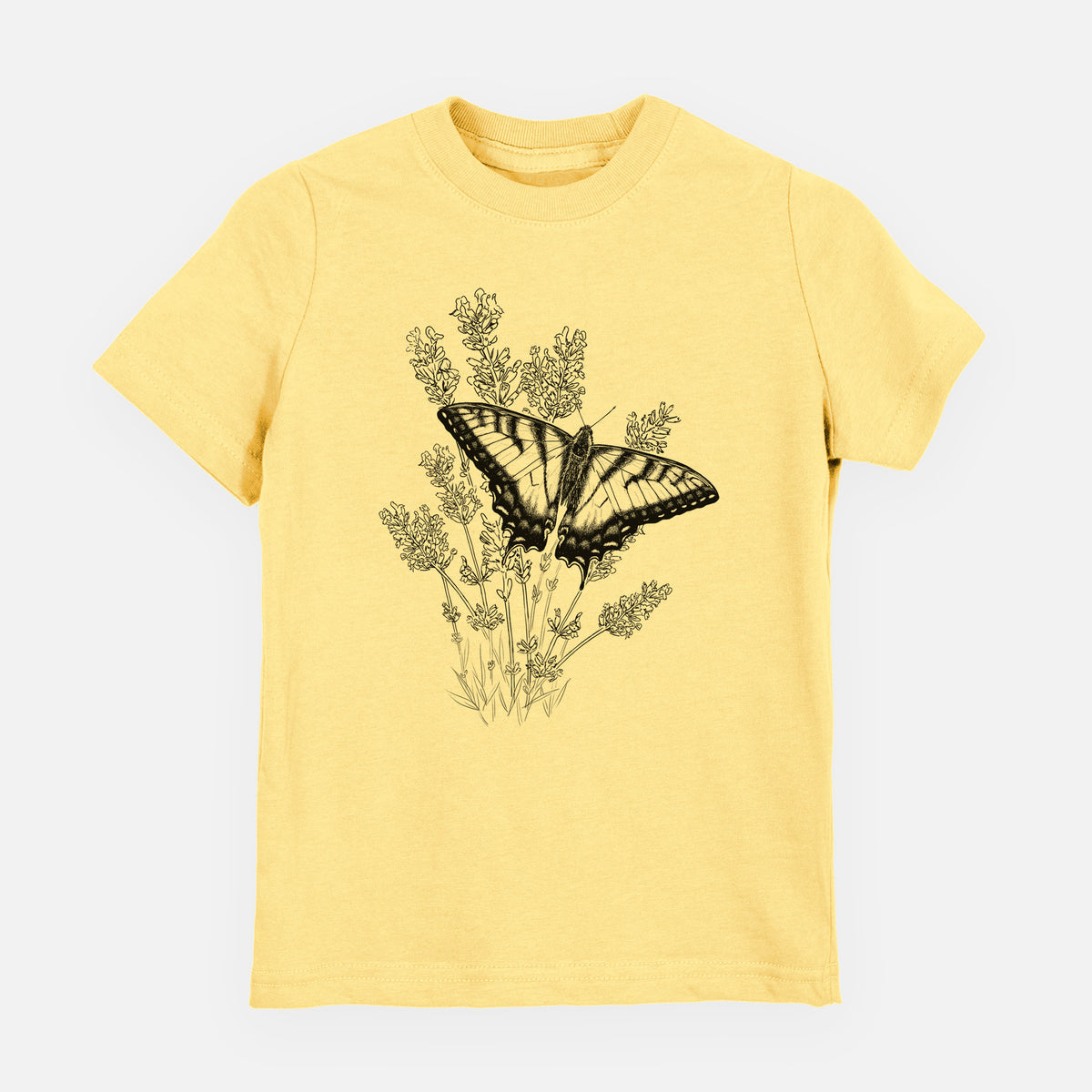 Butter yellow youth t-shirt laid flat, printed with a black ink illustration of a swallowtail butterfly resting on lavender.