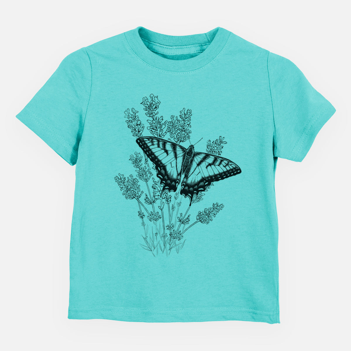 Caribbean blue toddler t-shirt laid flat, printed with a black ink illustration of a swallowtail butterfly resting on lavender.