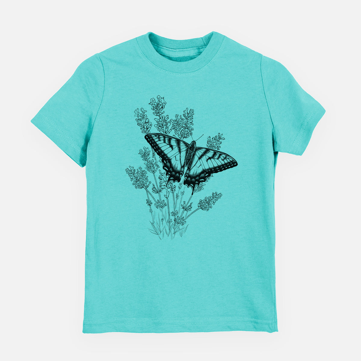 Caribbean blue youth t-shirt laid flat, printed with a black ink illustration of a swallowtail butterfly resting on lavender.