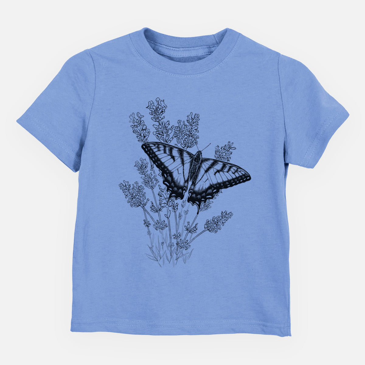 Carolina blue toddler t-shirt laid flat, printed with a black ink illustration of a swallowtail butterfly resting on lavender.