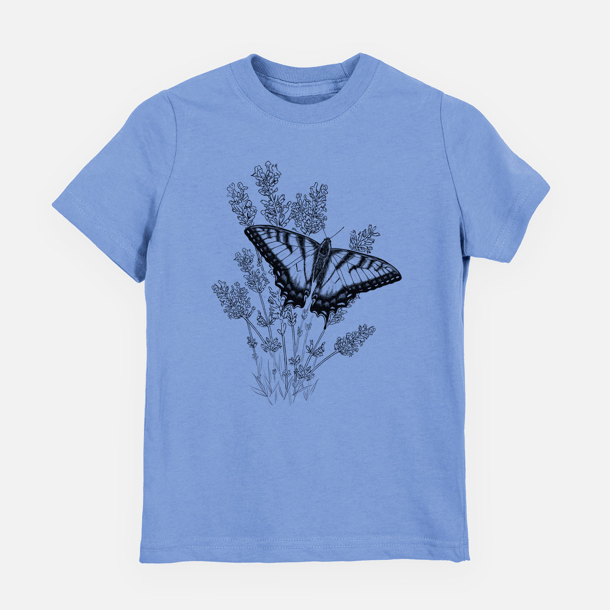 Carolina blue youth t-shirt laid flat, printed with a black ink illustration of a swallowtail butterfly resting on lavender.