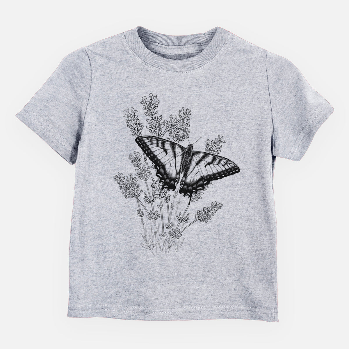 Heather grey toddler t-shirt laid flat, printed with a black ink illustration of a swallowtail butterfly resting on lavender.