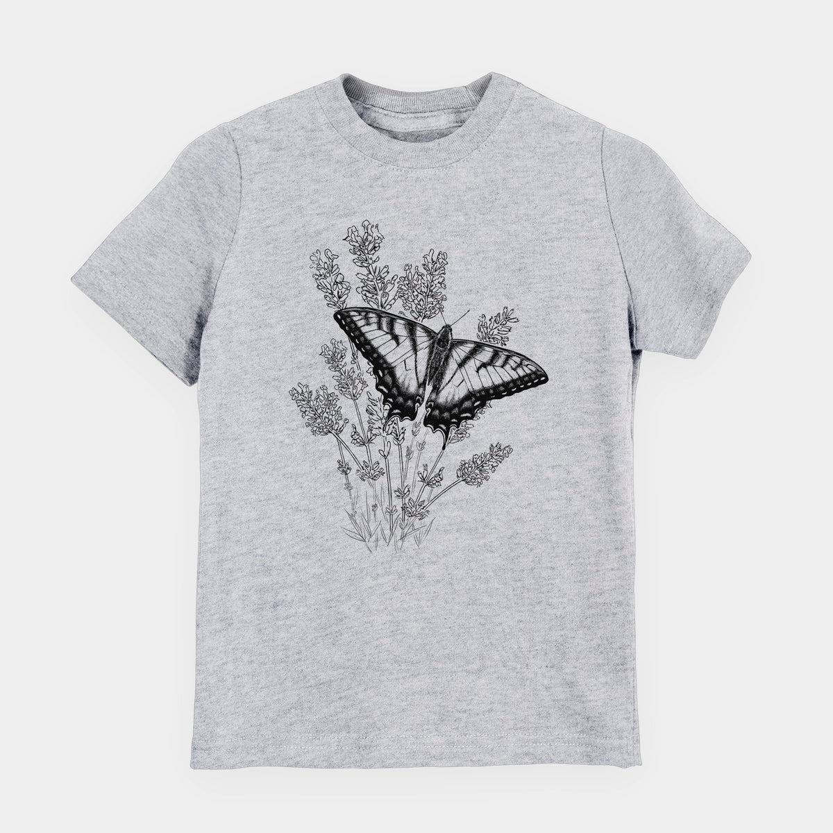 Heather grey youth t-shirt laid flat, printed with a black ink illustration of a swallowtail butterfly resting on lavender.