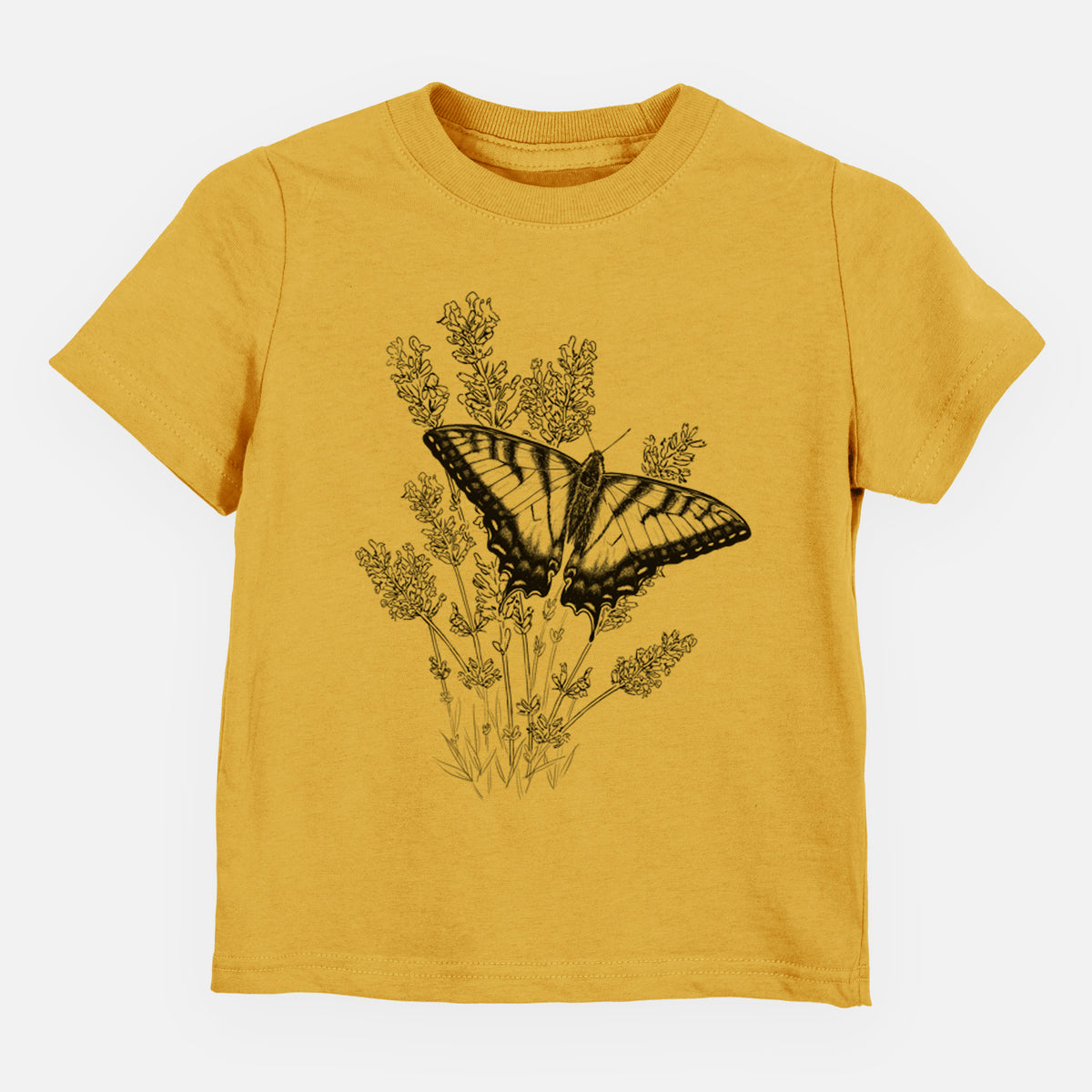 Honeycomb yellow toddler t-shirt laid flat, printed with a black ink illustration of a swallowtail butterfly resting on lavender.