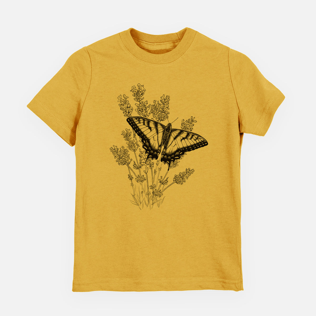 Honeycomb yellow youth t-shirt laid flat, printed with a black ink illustration of a swallowtail butterfly resting on lavender.