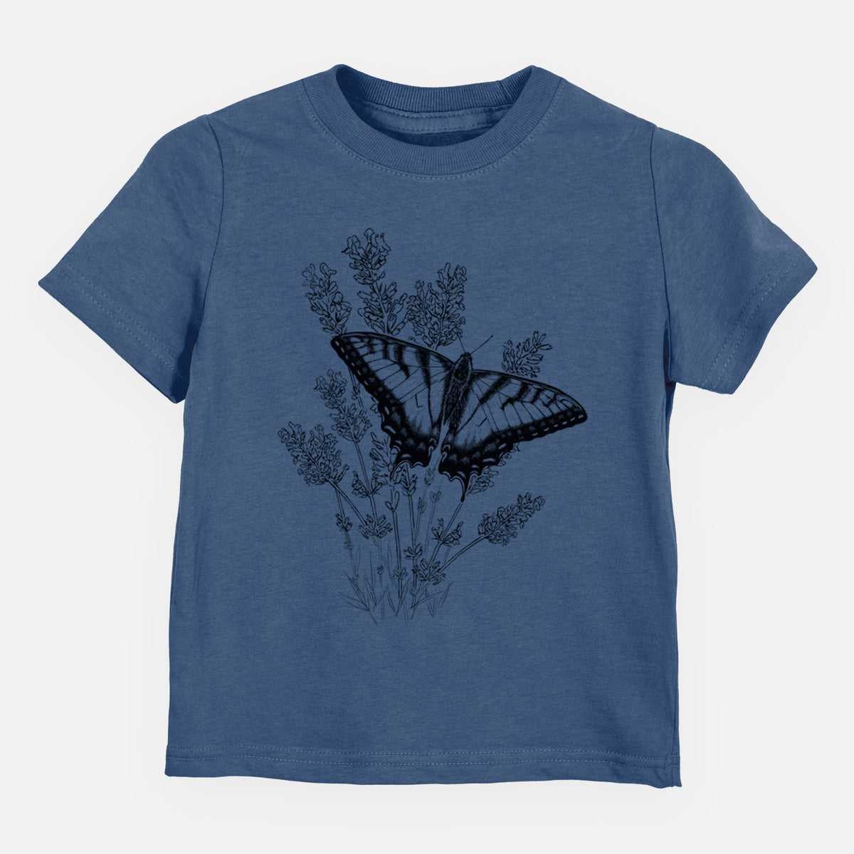Indigo blue toddler t-shirt laid flat, printed with a black ink illustration of a swallowtail butterfly resting on lavender.
