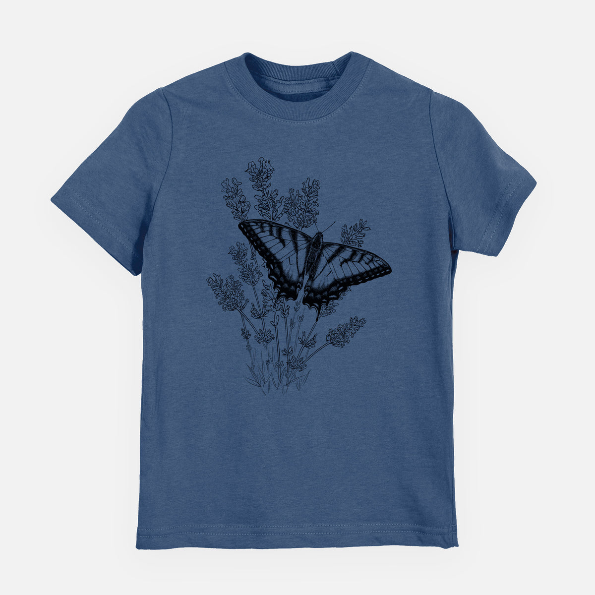 Indigo blue youth t-shirt laid flat, printed with a black ink illustration of a swallowtail butterfly resting on lavender.