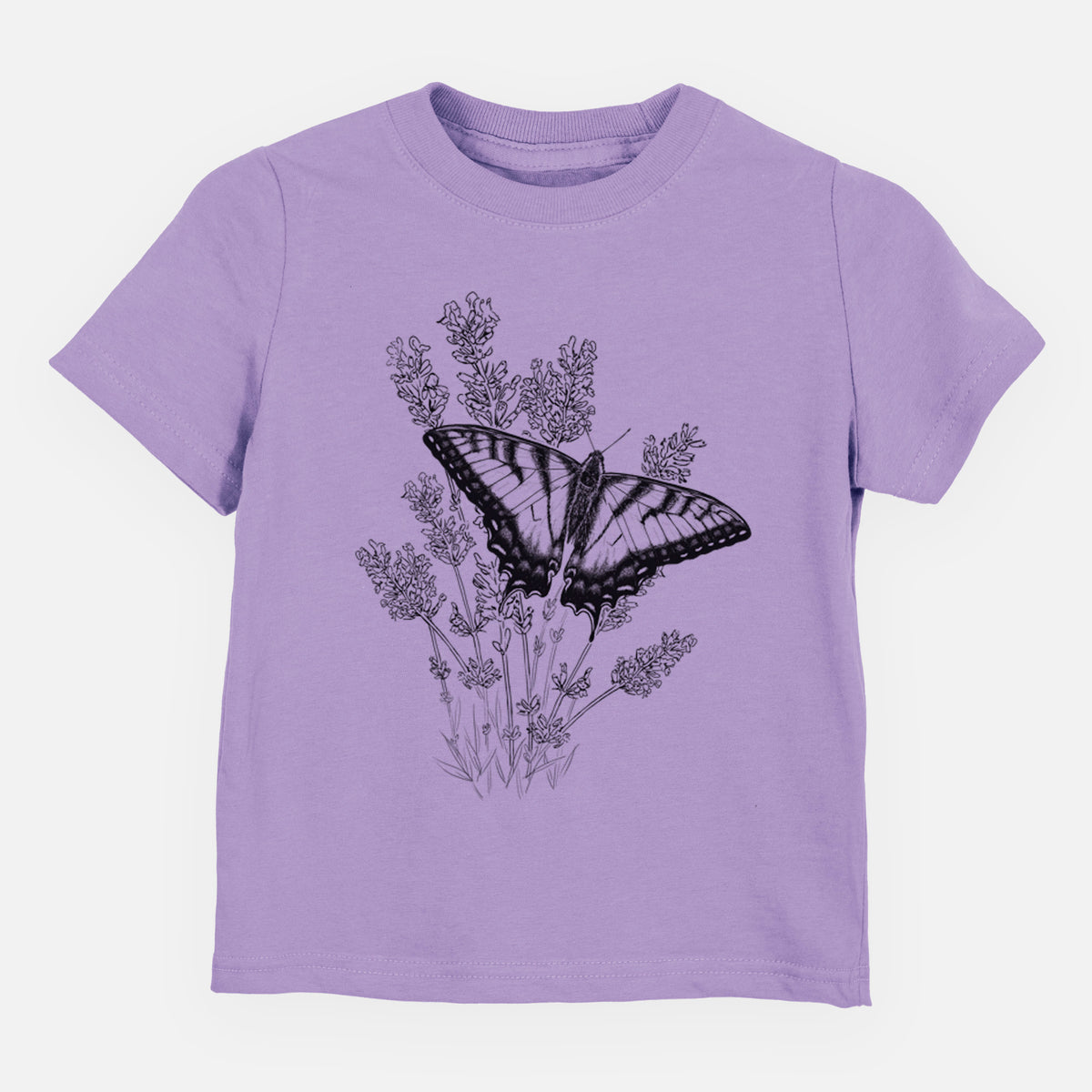 Lavender toddler t-shirt laid flat, printed with a black ink illustration of a swallowtail butterfly resting on lavender.