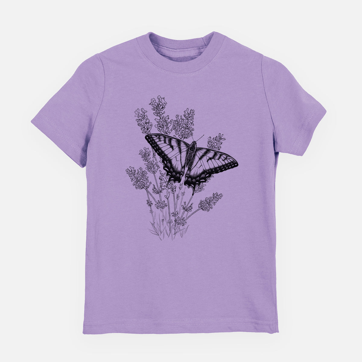 Lavender youth t-shirt laid flat, printed with a black ink illustration of a swallowtail butterfly resting on lavender.
