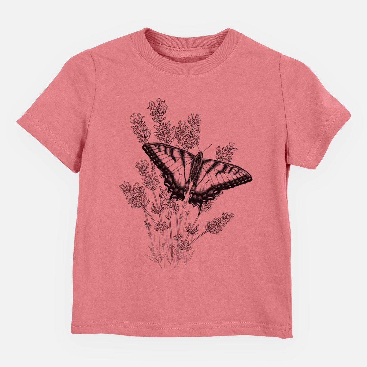 Mauve pink toddler t-shirt laid flat, printed with a black ink illustration of a swallowtail butterfly resting on lavender.