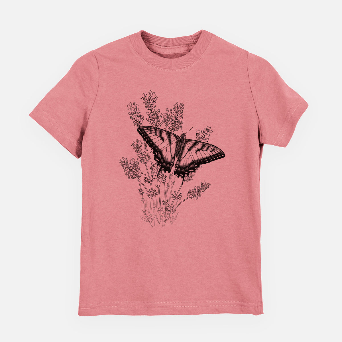 Mauve pink youth t-shirt laid flat, printed with a black ink illustration of a swallowtail butterfly resting on lavender.