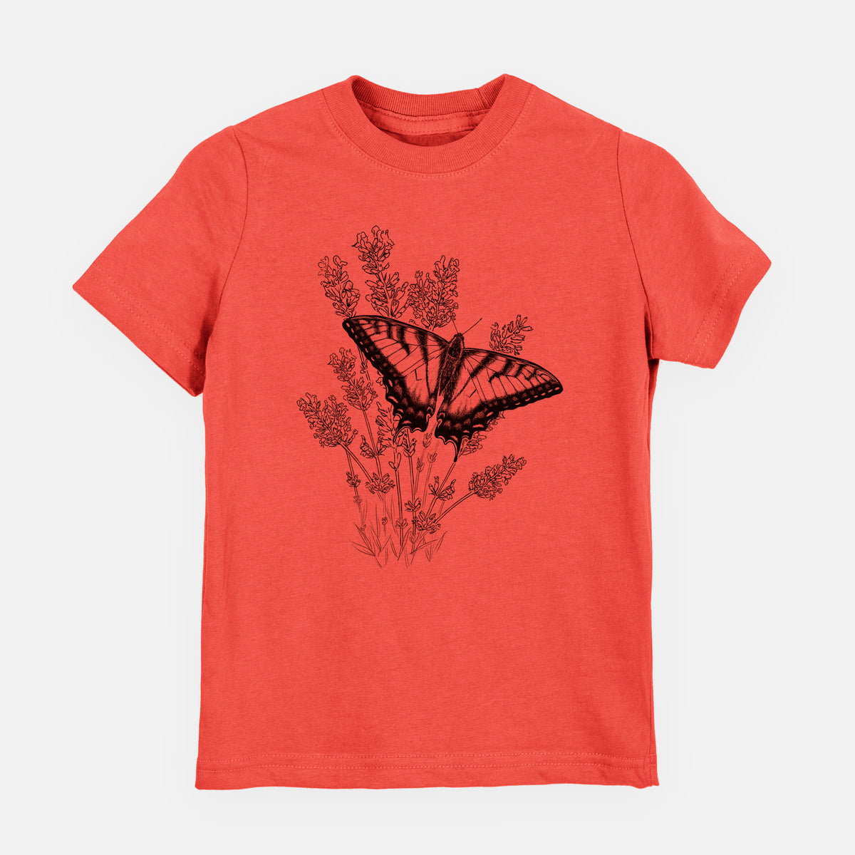 Passionfruit pink youth t-shirt laid flat, printed with a black ink illustration of a swallowtail butterfly resting on lavender.