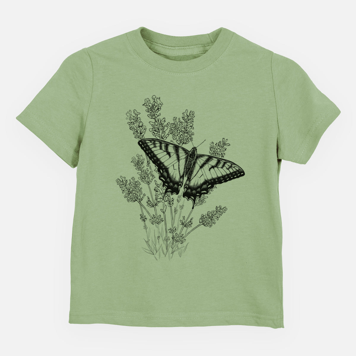 Sage green toddler t-shirt laid flat, printed with a black ink illustration of a swallowtail butterfly resting on lavender.