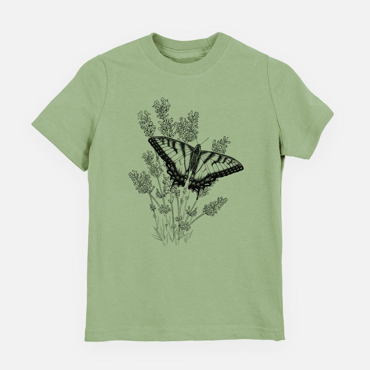 Sage green youth t-shirt laid flat, printed with a black ink illustration of a swallowtail butterfly resting on lavender.