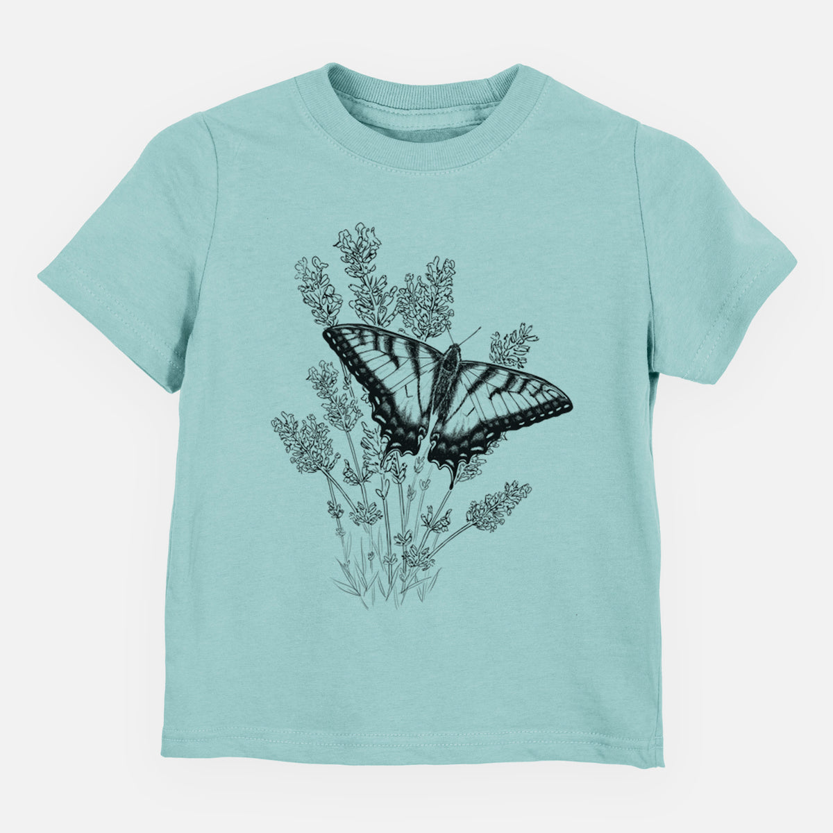 Saltwater toddler t-shirt laid flat, printed with a black ink illustration of a swallowtail butterfly resting on lavender.