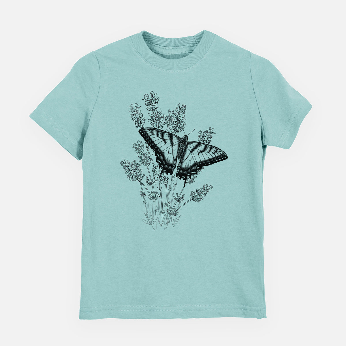 Saltwater youth t-shirt laid flat, printed with a black ink illustration of a swallowtail butterfly resting on lavender.