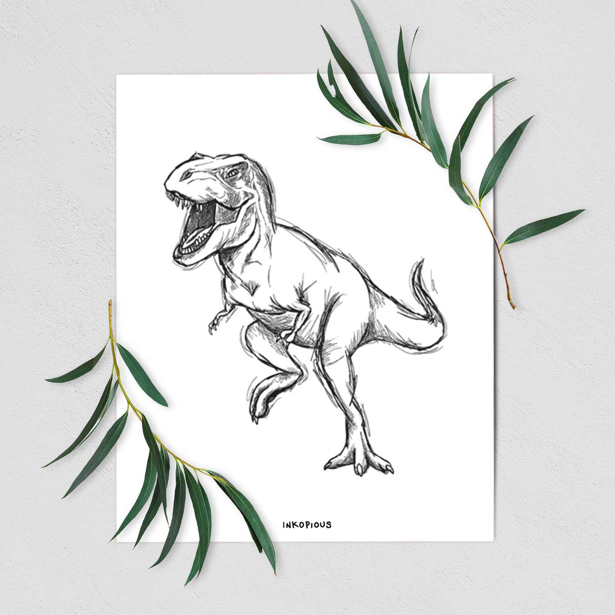 Art print of a black ink illustration of a Tyrannosaurus rex roaring, shown with eucalyptus leaves.