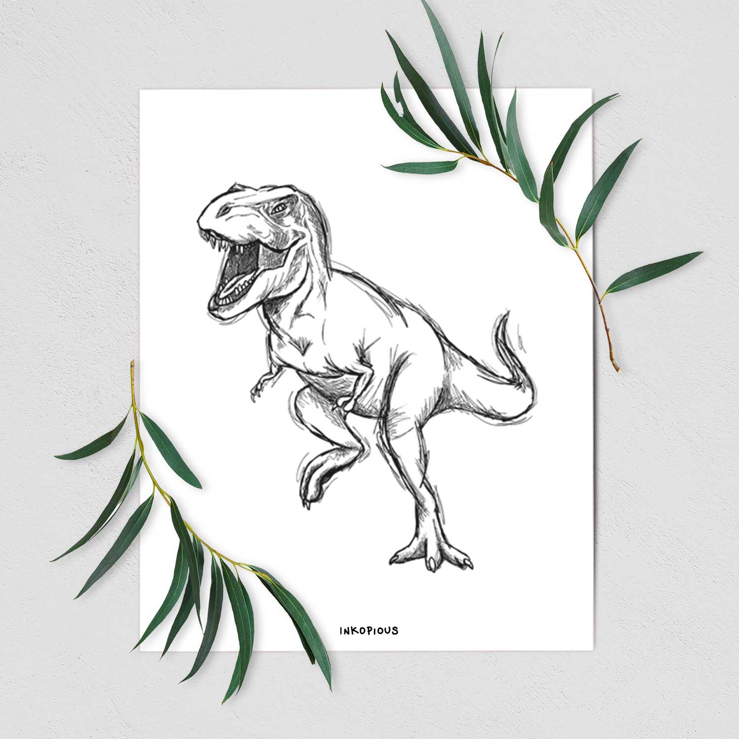 Art print of a black ink illustration of a Tyrannosaurus rex roaring, shown with eucalyptus leaves.