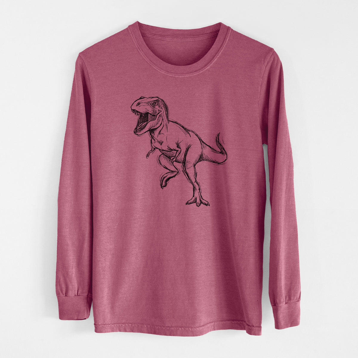 Crimson Comfort Colors long sleeve shirt laid flat, printed with a black ink illustration of a Tyrannosaurus rex roaring.