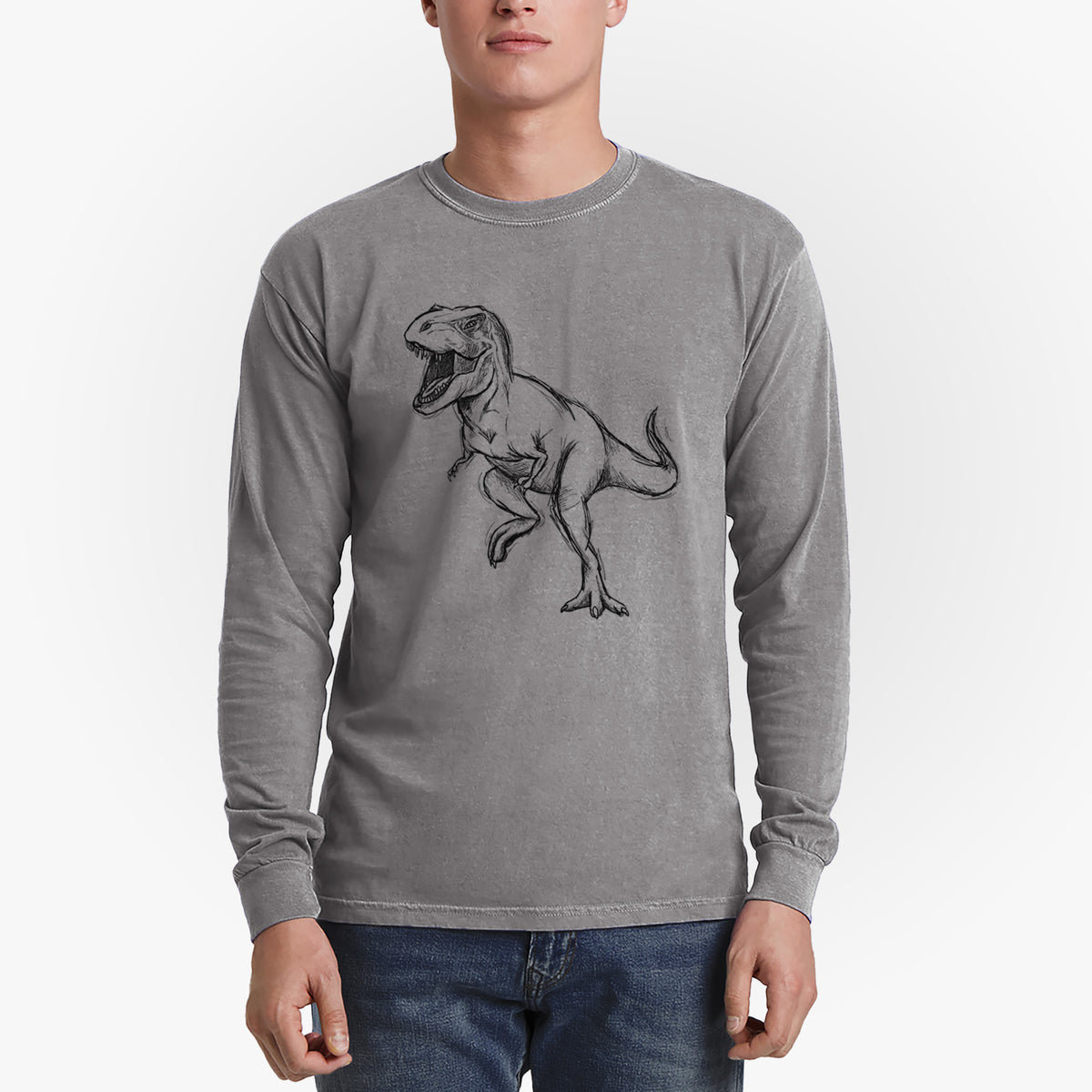 Man wearing a grey Comfort Colors long sleeve shirt printed with a black ink illustration of a Tyrannosaurus rex roaring.