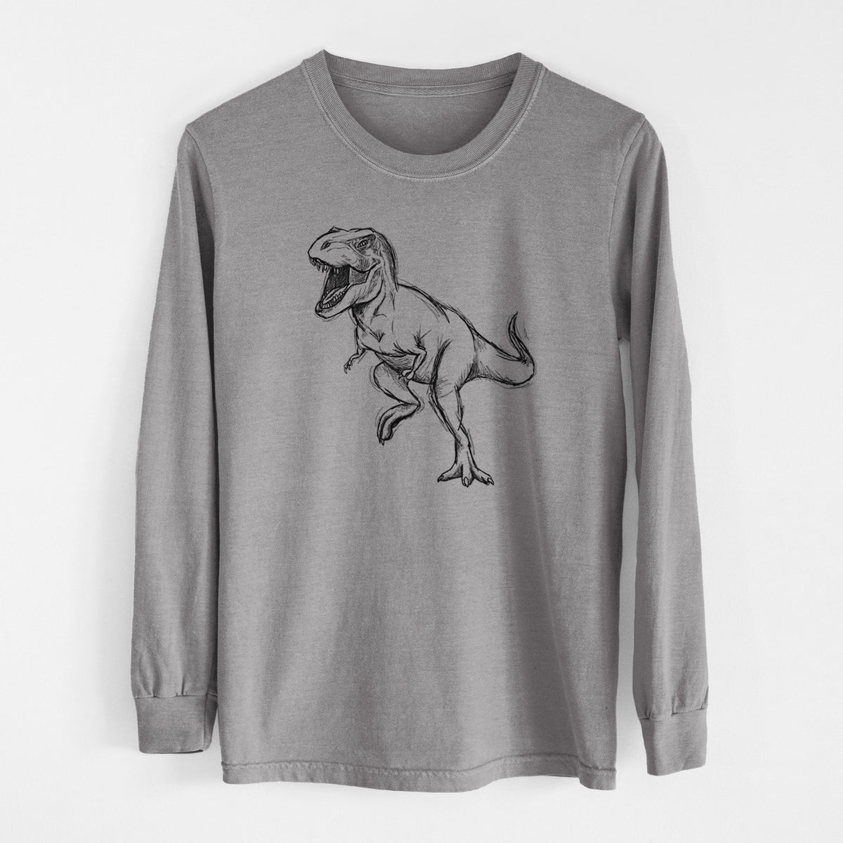 Grey Comfort Colors long sleeve shirt laid flat, printed with a black ink illustration of a Tyrannosaurus rex roaring.