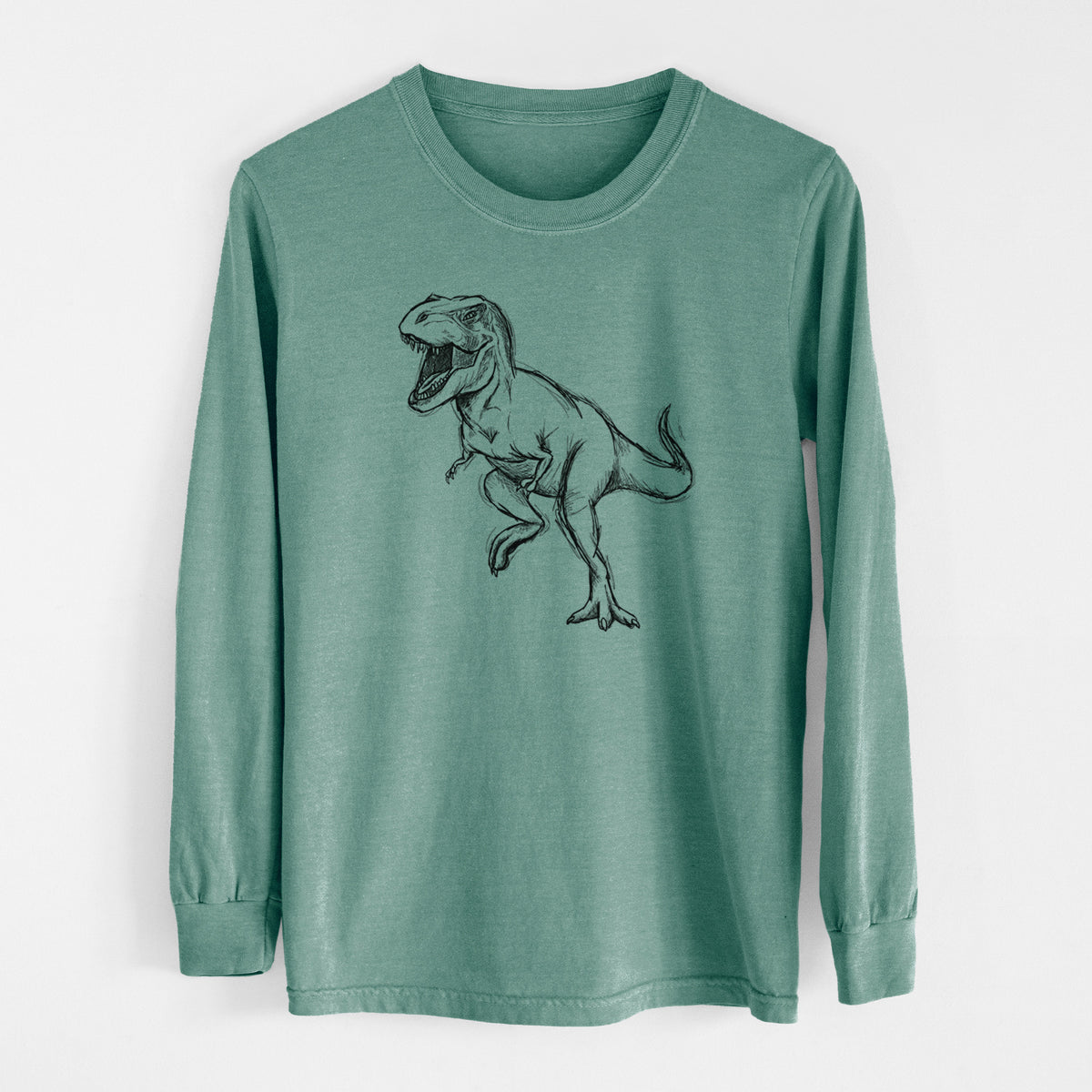Pine green Comfort Colors long sleeve shirt laid flat, printed with a black ink illustration of a Tyrannosaurus rex roaring.