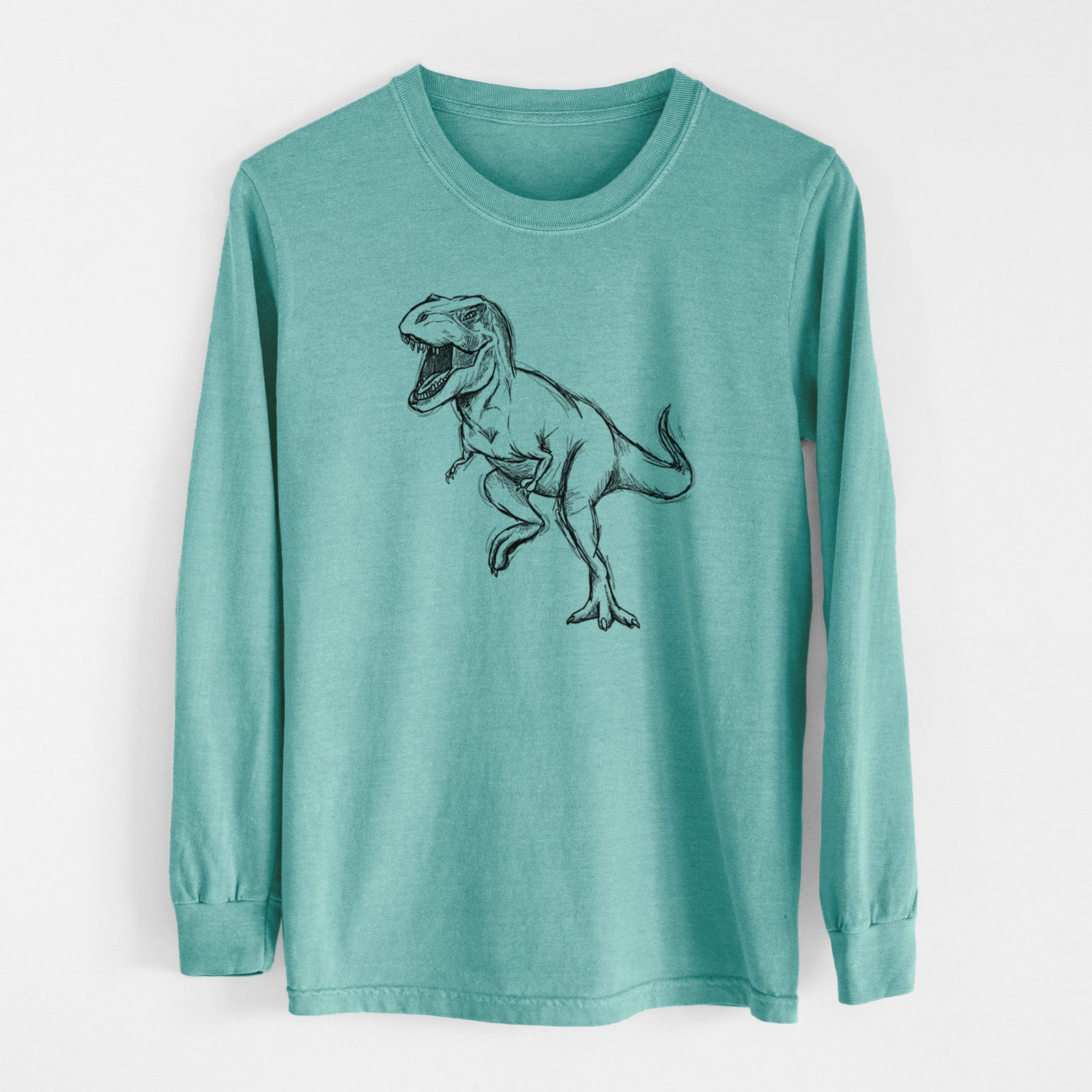 Reef green Comfort Colors long sleeve shirt laid flat, printed with a black ink illustration of a Tyrannosaurus rex roaring.
