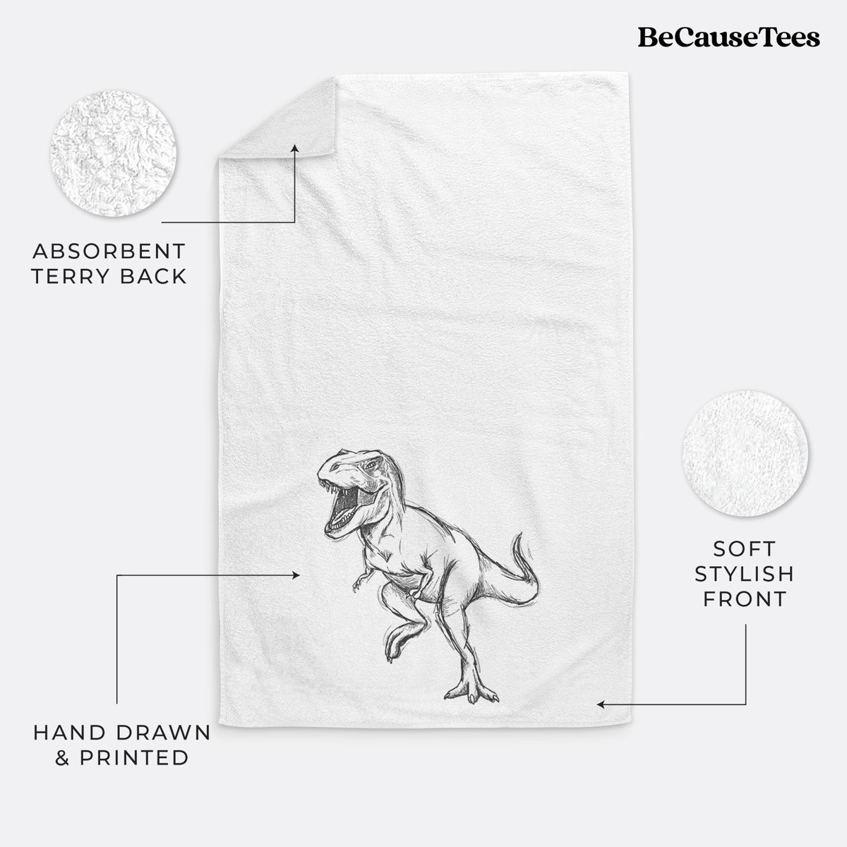 White hand towel printed with a black ink illustration of a Tyrannosaurus rex roaring.