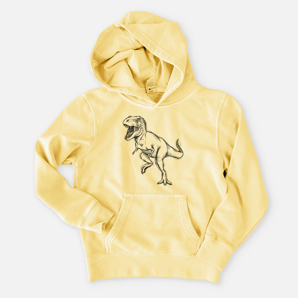 Pigment yellow youth pigment dyed hoodie laid flat, printed with a black ink illustration of a Tyrannosaurus rex roaring.