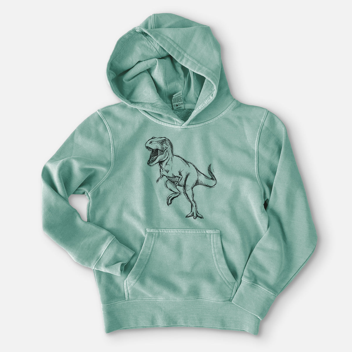 Sea green youth pigment dyed hoodie laid flat, printed with a black ink illustration of a Tyrannosaurus rex roaring.